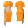 Pleated Strap Clothing Summer Short Color Matching Large Size Women's Sleeve Diagonal Collar Sheath Dress