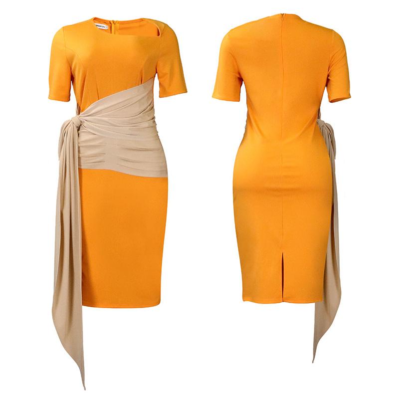 Pleated Strap Clothing Summer Short Color Matching Large Size Women's Sleeve Diagonal Collar Sheath Dress
