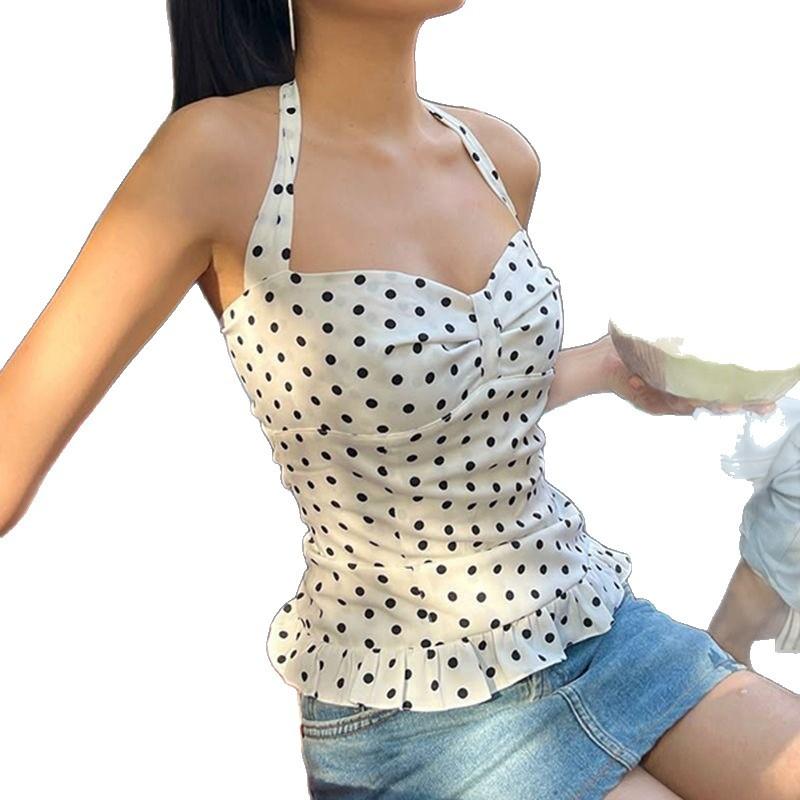 French pure desire style polka dot printing neck sling vest women's summer new versatile and thin Spice Girl sleeveless top
