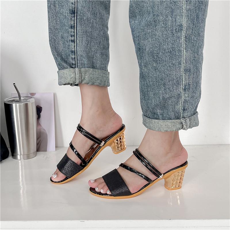 Bestselgende sommer Høykvalitets damesko Mote Fargeblokk Fritid Høy hæl Åpen tå Tykk hæl Dameslippers