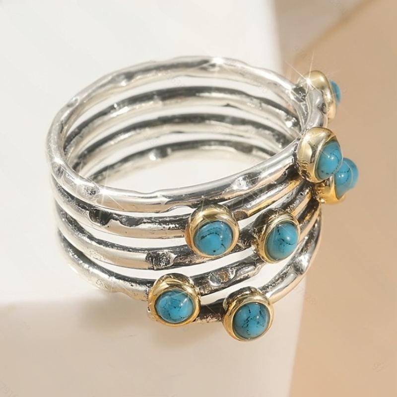 Bohemian Retro Inlaid Imitation Turquoise Multi-layer Ring, Women s Personalized Ethnic Style Holiday Accessories Zircon 9