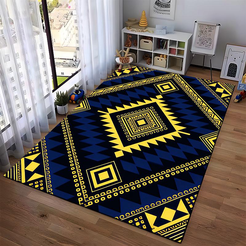 Geometric Tribal Pattern Carpet in Blue and Yellow Tones, Modern Design Suitable for use as an anti-slip for living room bedroom sofas