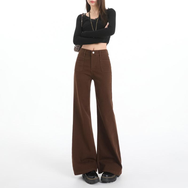 Coffee high-waisted and slightly pulled jeans women's autumn new small loose and thin flared pants without sticking to the legs