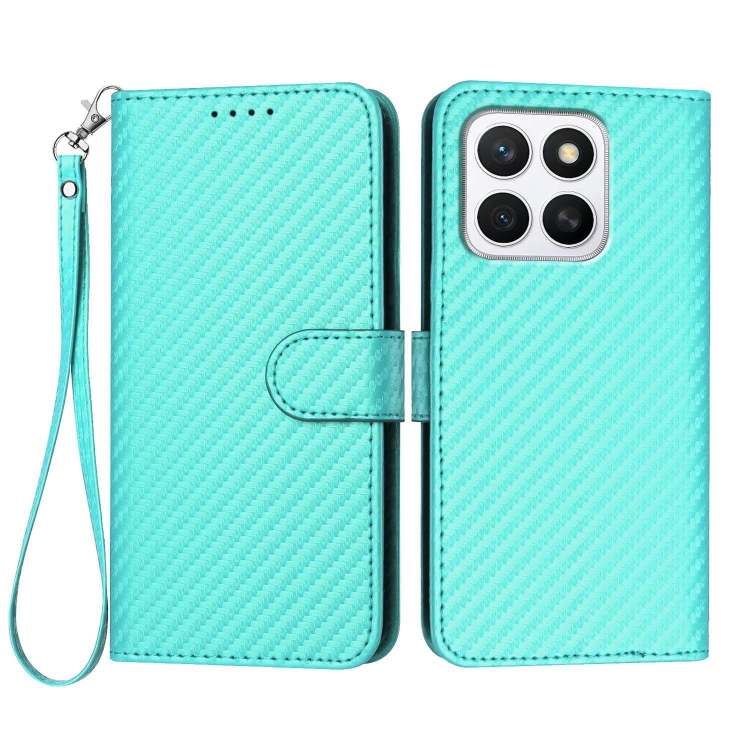 

For Honor X8b 4G/Honor X8c 4G Wallet Case with Strap Carbon Fiber Texture Leather Mobile Cover Light Blue