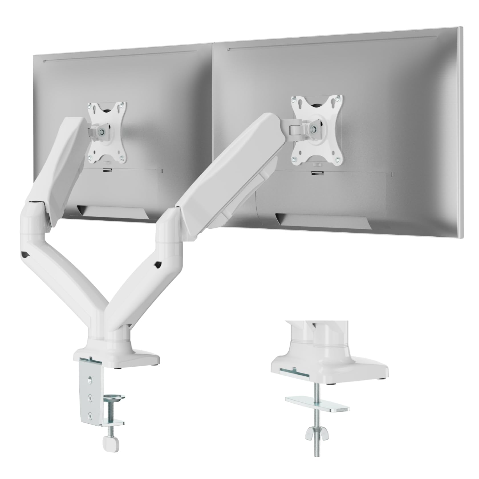 

METIYA Monitor Dual Monitor Arm with Gas Spring and Compatible with Inch Weight Grommet and Clamp VESA White Arm, Pressure, 13-32 Monitors, 2-8kg білий
