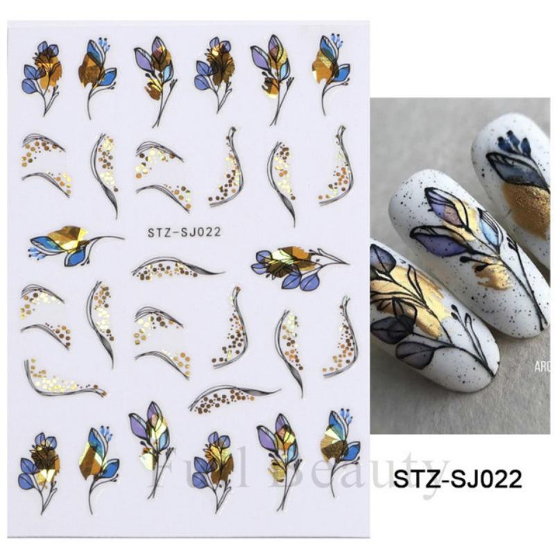 Cotton Flowers Transfer Decals 3D Nail Stickers Gold Leaf Nail Adhesive Sliders Nail Manicure Decorations