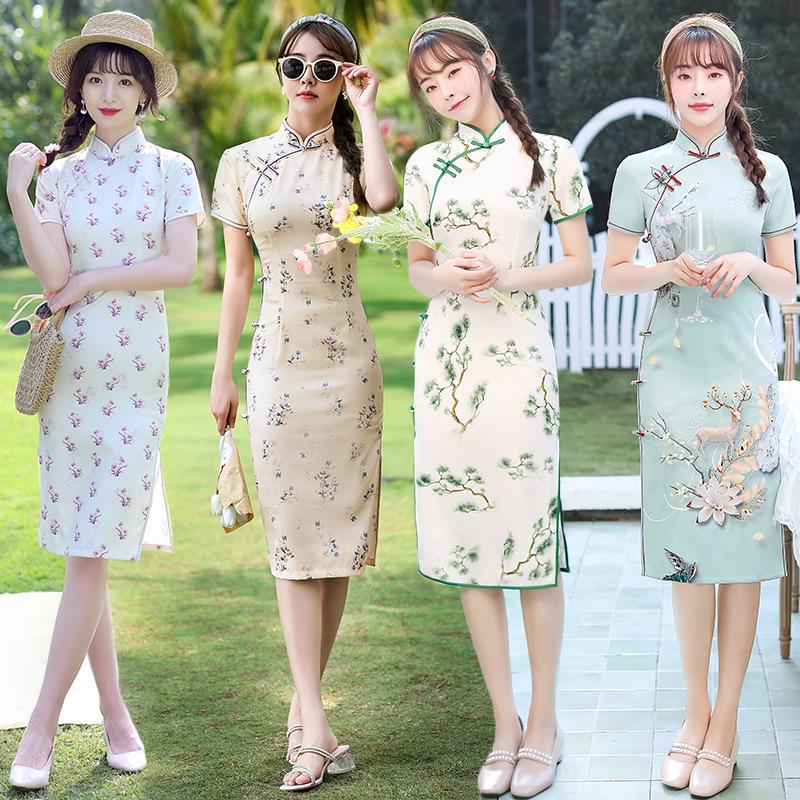 Robe Cheongsam Rétro Stretch Quadridirectionnel Moyen Simple Couche 2025