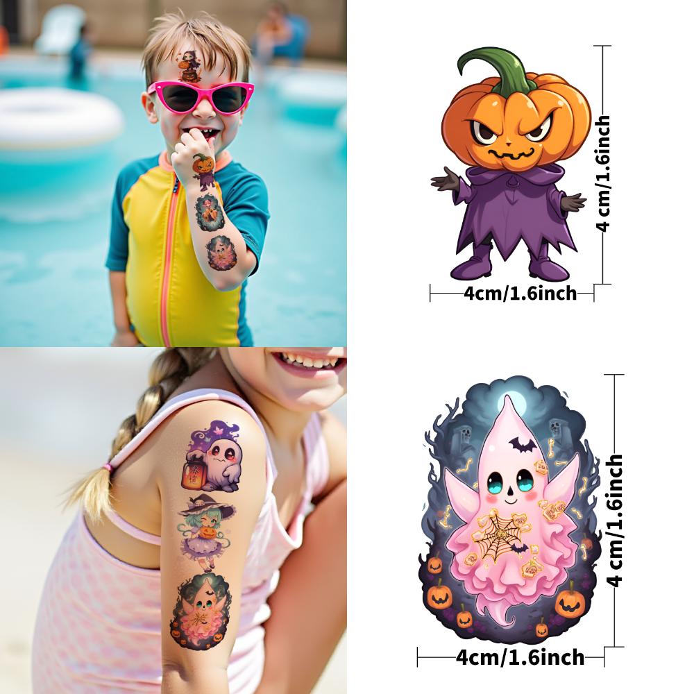 63pcs Halloween Temporary Tattoos Ghost Candy Pumpkin Bat Body Sticker Adult Boys Girl Tattoo Sticker Cosplay Party Sticker Prop