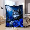 Mystic Wolf and Blue Rose Moonlight Print Throw Blanket Cozy Plush Decorative Bed Cover Boho Fantasy Aesthetic Gift for Bedroom