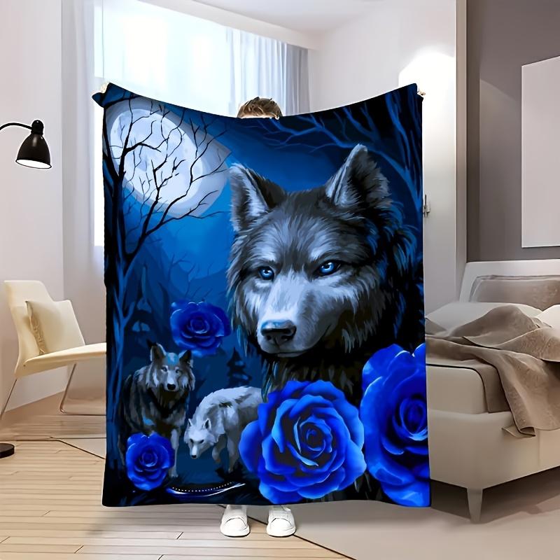 Mystic Wolf and Blue Rose Moonlight Print Throw Blanket Cozy Plush Decorative Bed Cover Boho Fantasy Aesthetic Gift for Bedroom