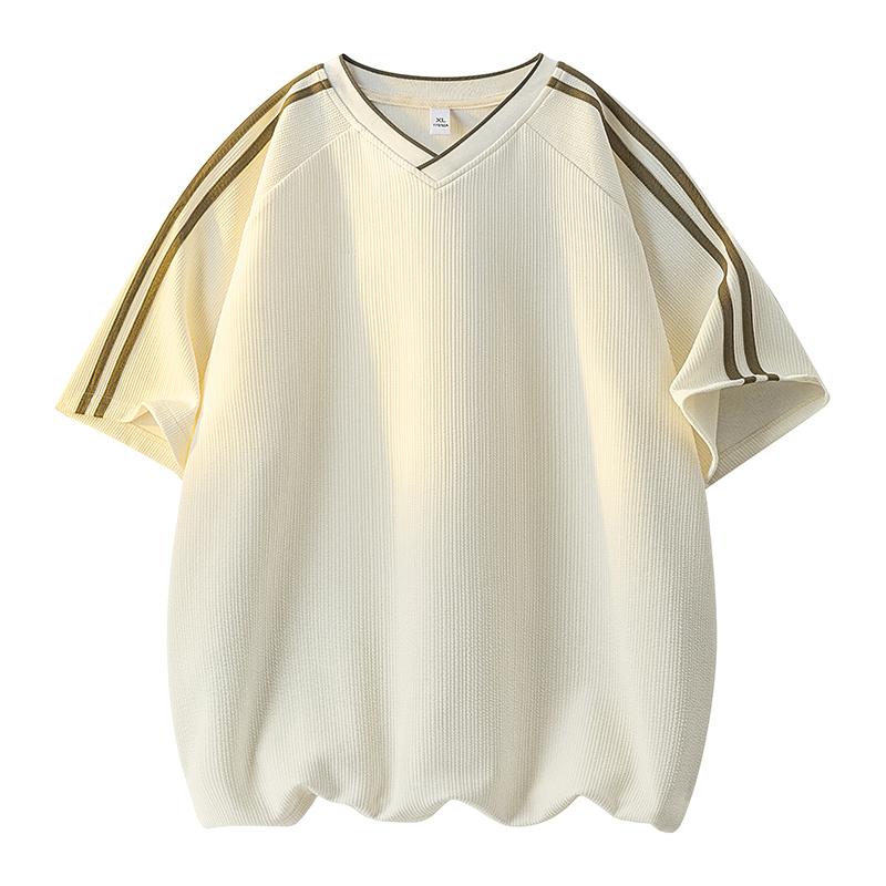 

V-neck Short-sleeved T-shirt Men s Top Summer Striped Loose Ice Silk Men s T-shirt 2XL абрикосовый