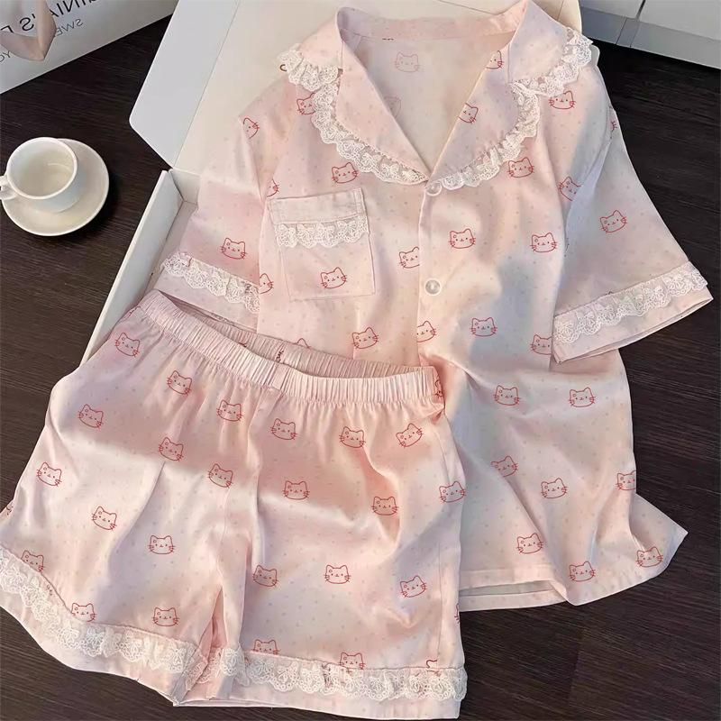Sweet Cartoon Ice Silk Premium Lace Edge Pajamas Women'S Summer Short-Sleeved Suit Loungewear