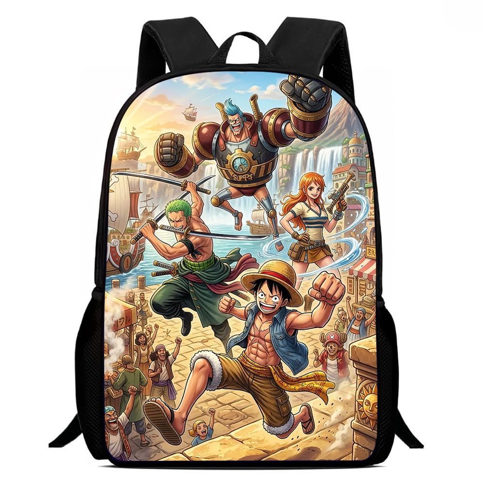 15 Inch Cartoon One Piece Mochila Backpack, Light Weight Unisex School Backpack for Boys Girls Age 6-10 Casual Travel Daypack