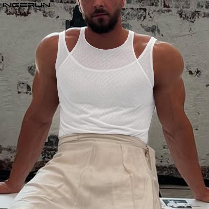 INCERUN Maiouri de petrecere transparente din plasă cu aspect de două piese false fără mâneci pentru bărbați