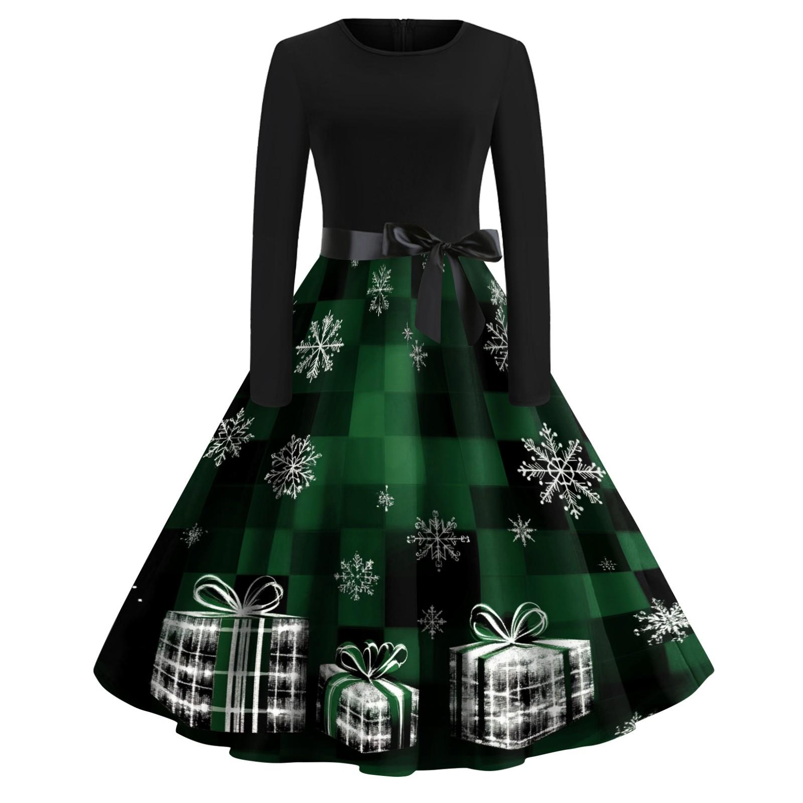 

Женское рождественское платье с круглым вырезом и большим подолом, плиссированная юбка с длинными рукавами L