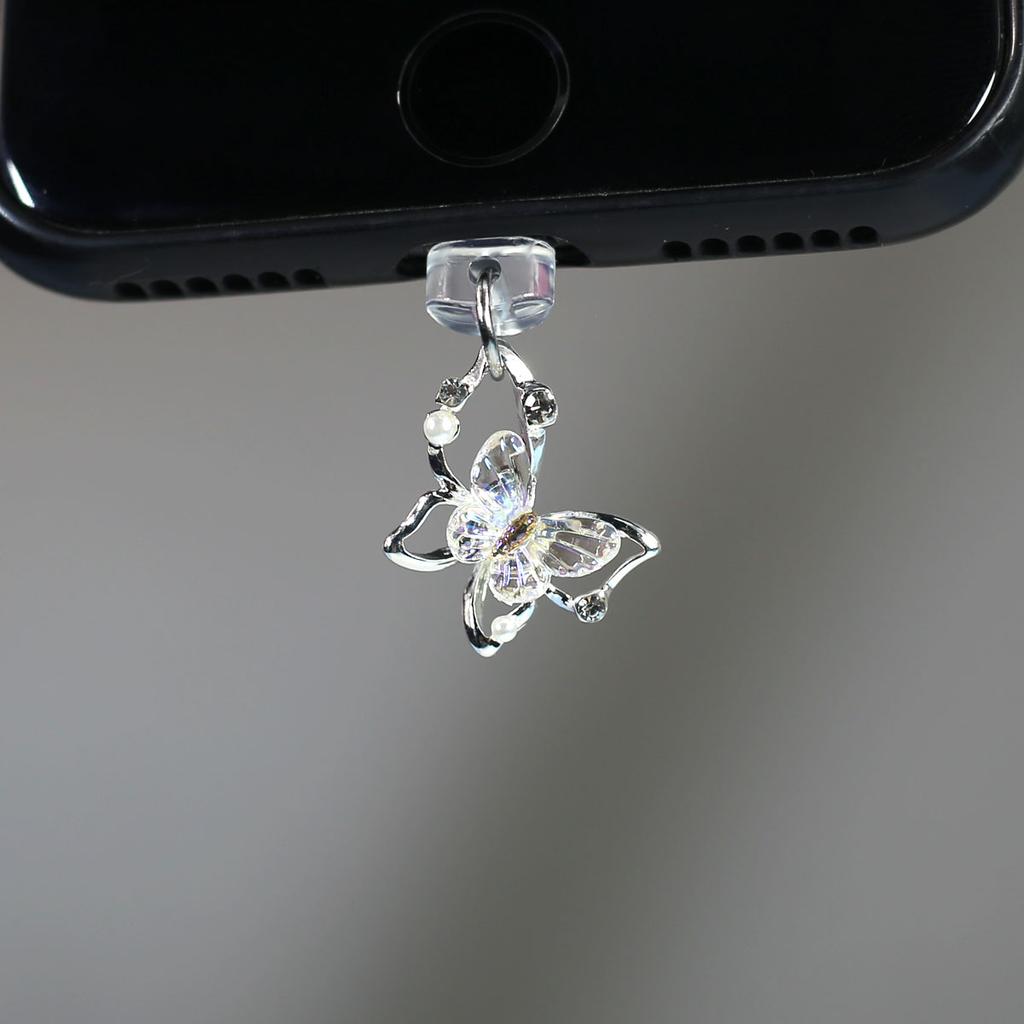 Mobile Phone Dust Plug Pendant New Butterfly With Artificial Pearls And Diamonds Accessory Decoration For IPhone Type-c Port