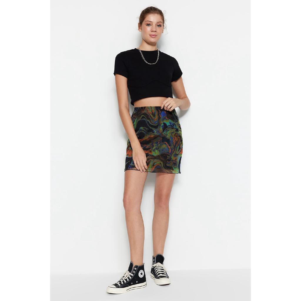 Brown Printed Tulle High Waist Lined Mini Knitted Skirt Twoss23et00050