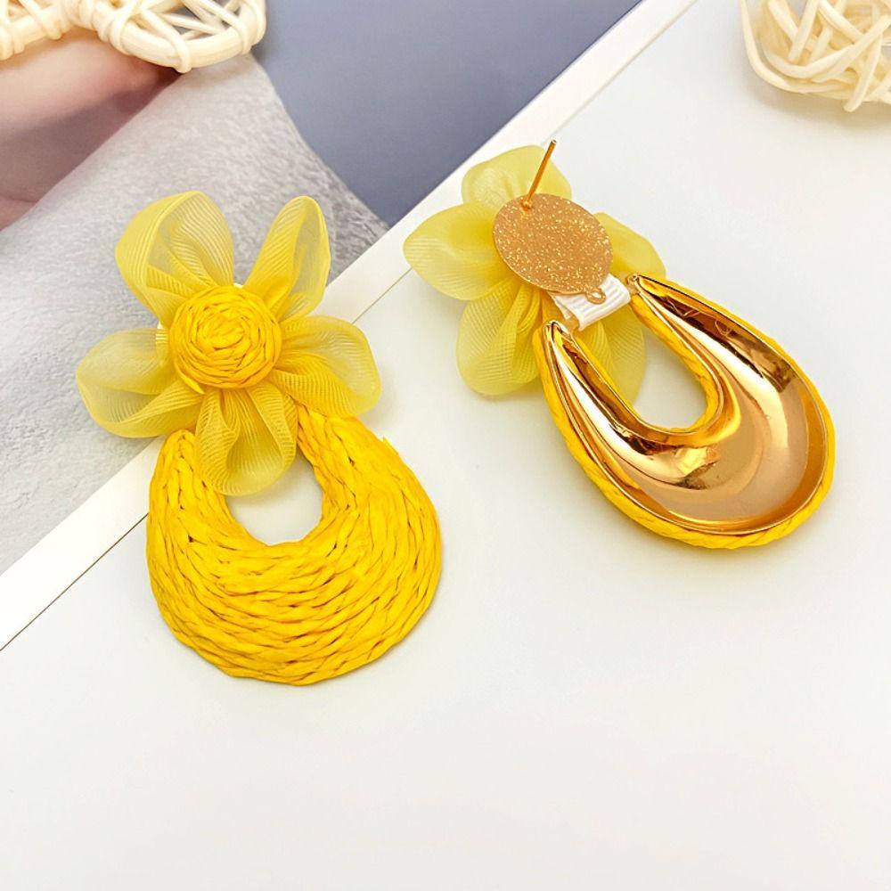 U-shaped Straw Weave Earrings Sweet Beach Drop Earrings Mesh Flower Earrings  Girls Gift