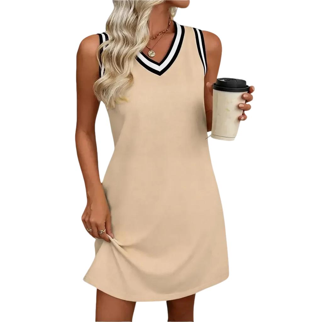 Women Sleeveless V Neck Casual Dress Trim Loose Fit Summer Mini Dress for Daily Wear Office Travel Beach