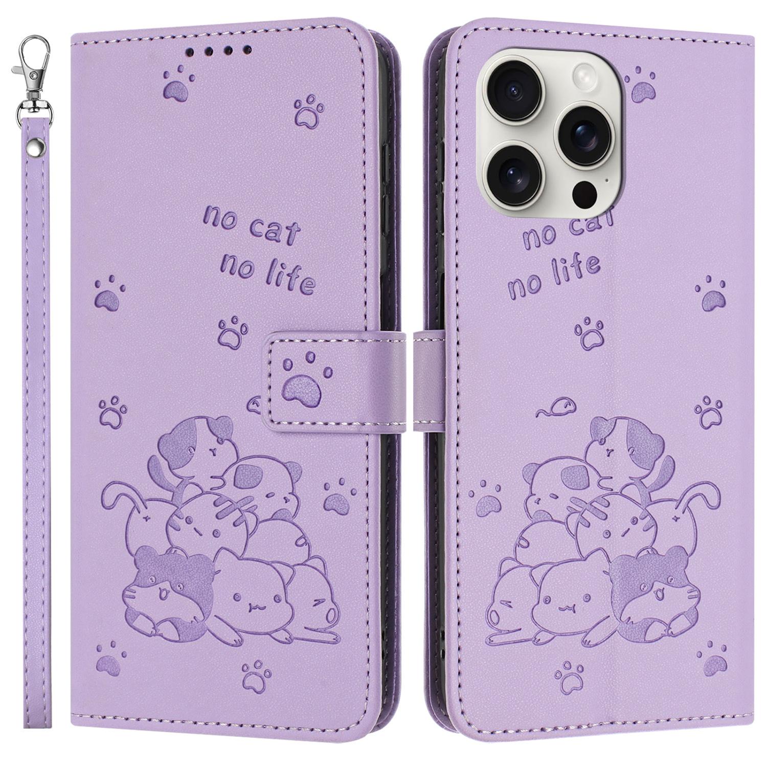 For iPhone 15 Pro Max Case with Strap Cats Imprint Leather Wallet Phone Cover D