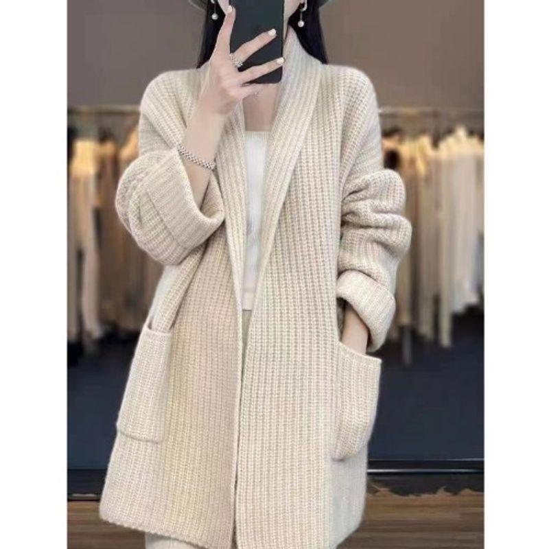 K-style Autumn and Winter Lazy Style Fashion Loose Temperament Mid Length Long Length Casual Knitting Cardigan Sweater Outwear Sweater