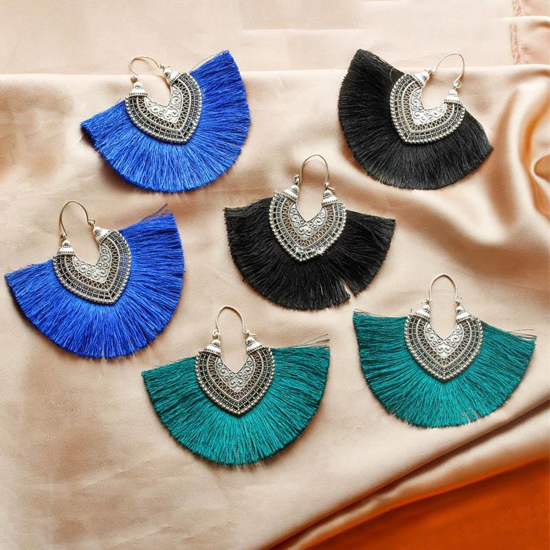 Buy Bohemia Big Fan Shaped Tassels Dangle Drop Earrings Women Fringed