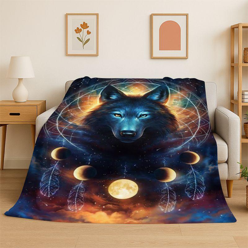 Fenrir Wolf Spirit Moon Dream Animal Flannel Blanket Soft Throw Blanket for Bedroom Living Room Bed Travel Camping Picnic Nap