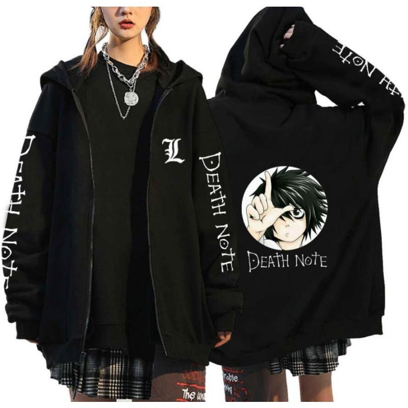 Japan Anime Death Note Lynlås Hættetrøjer Gotisk Herre Tegneserie Misa Amane L Ryuk-Grafik Streetwear Sort Fleece Lynlås Jakke Frakker