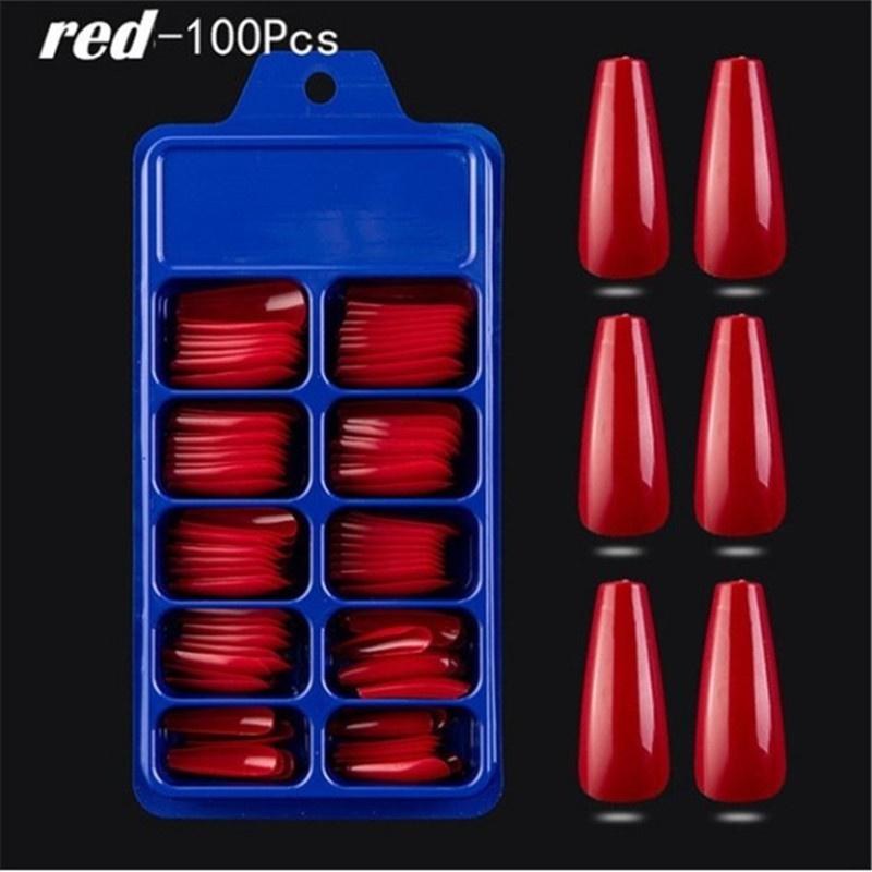 

100 шт./кор., яркие цвета, накладные ногти, сделай сам, дизайн ногтей, акриловые длинные шпильки, полное покрытие, балетки, типсы для ногтей красный