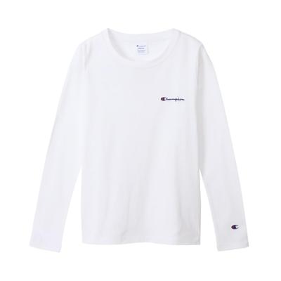 Women's Long Sleeve Crew Neck 100% Cotton USA Garment Wash Embroidered Script Logo Long T-Shirt Basic CW-X407-010-L White
