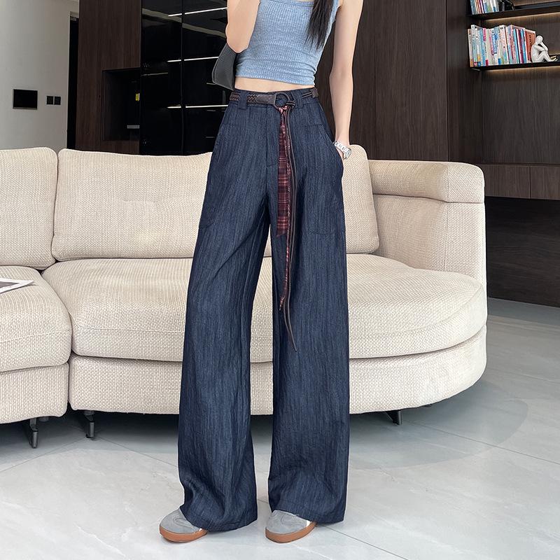 Women's Retro High-Waisted Faux Denim Pants - Slimming Belted Straight-Leg, Casual Spring 2026 Collection