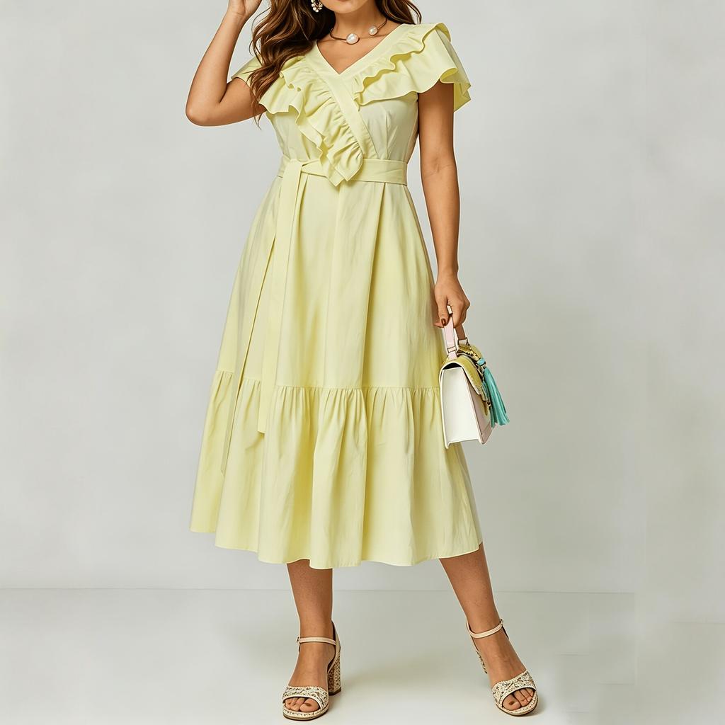 European and American large-size summer new temperament elegant V-neck ruffle edge waist medium and long dress