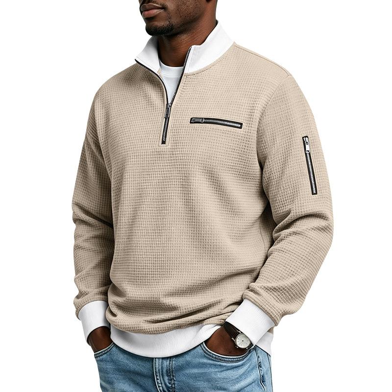 Men's Waffle Textured Half Zip Sweatshirt Stand Collar Long Sleeve Casual Pullover