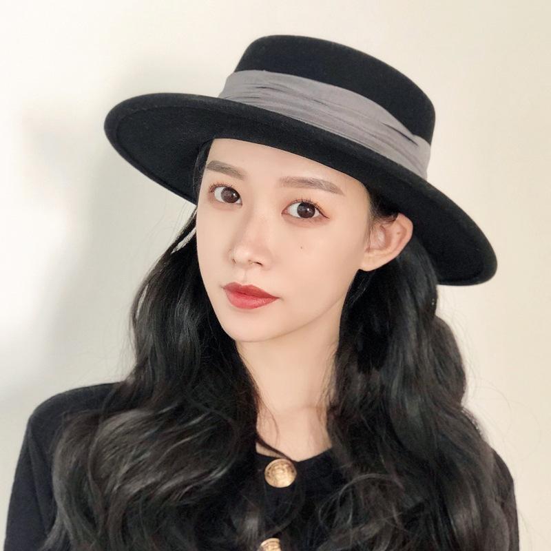 French Elegant Retro Black Woolen Flat Top Top Hat Women'S Autumn And Winter British Retro Versatile Wide Brim Felt Foreign Trade