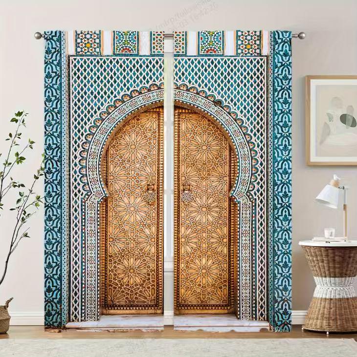 2pcs  Exotic Moroccan Pattern Curtains   Artistic Design Light - Filtering Polyester Curtains for Home Windows