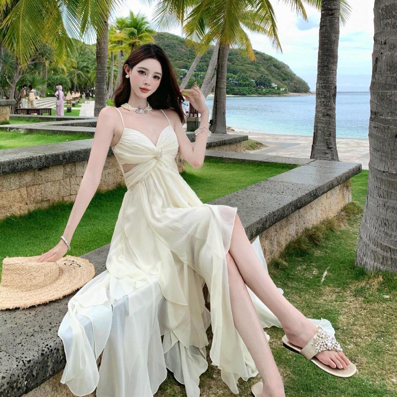 French Fairy Lotus Leaf Edge Suspender Dress Female Seaside Vacation Sexy Irregular Split Fairy Long Dress