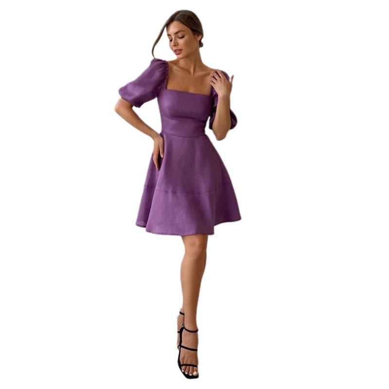 Personality Temperament Bubble Sleeve Patchwork Square Collar Zip Paragraph Solid Colour Fairy Dress Women Dresses