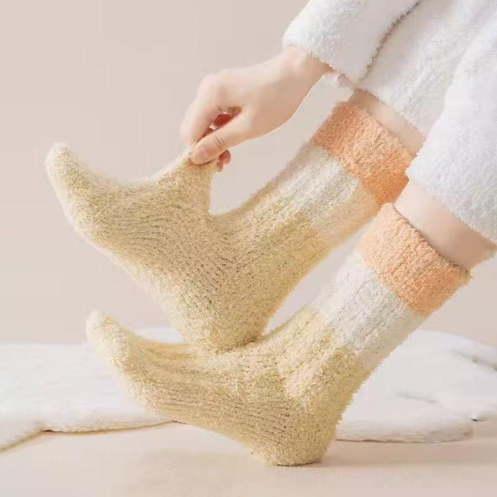 3Pairs Stripe Coral Fleece Socks Winter Mid Tube Socks Women Comfortable Floor Plush Socks  Winter