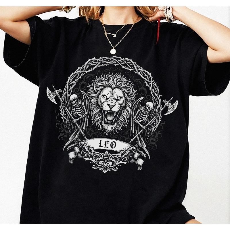 Leo Zodiac TShirt Gothic Lion Astrology Shirt Summer Loose and Breathable Tshirt Top Unisex Pure Cotton Top S