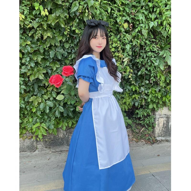 Alice In Wonderland Halloween Cosplay Dress Lolita Maid Outfit Short Sleeve Sweet Princess Costume Blue Set