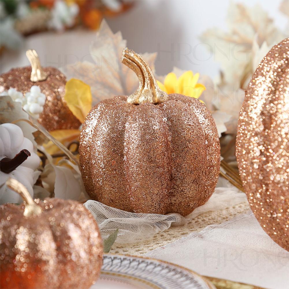7PCS Gold Glitter Plastic Pumpkin Set for Autumn and Halloween Suitable for Seasonal Tabletop Mantel and Shelf Decorations