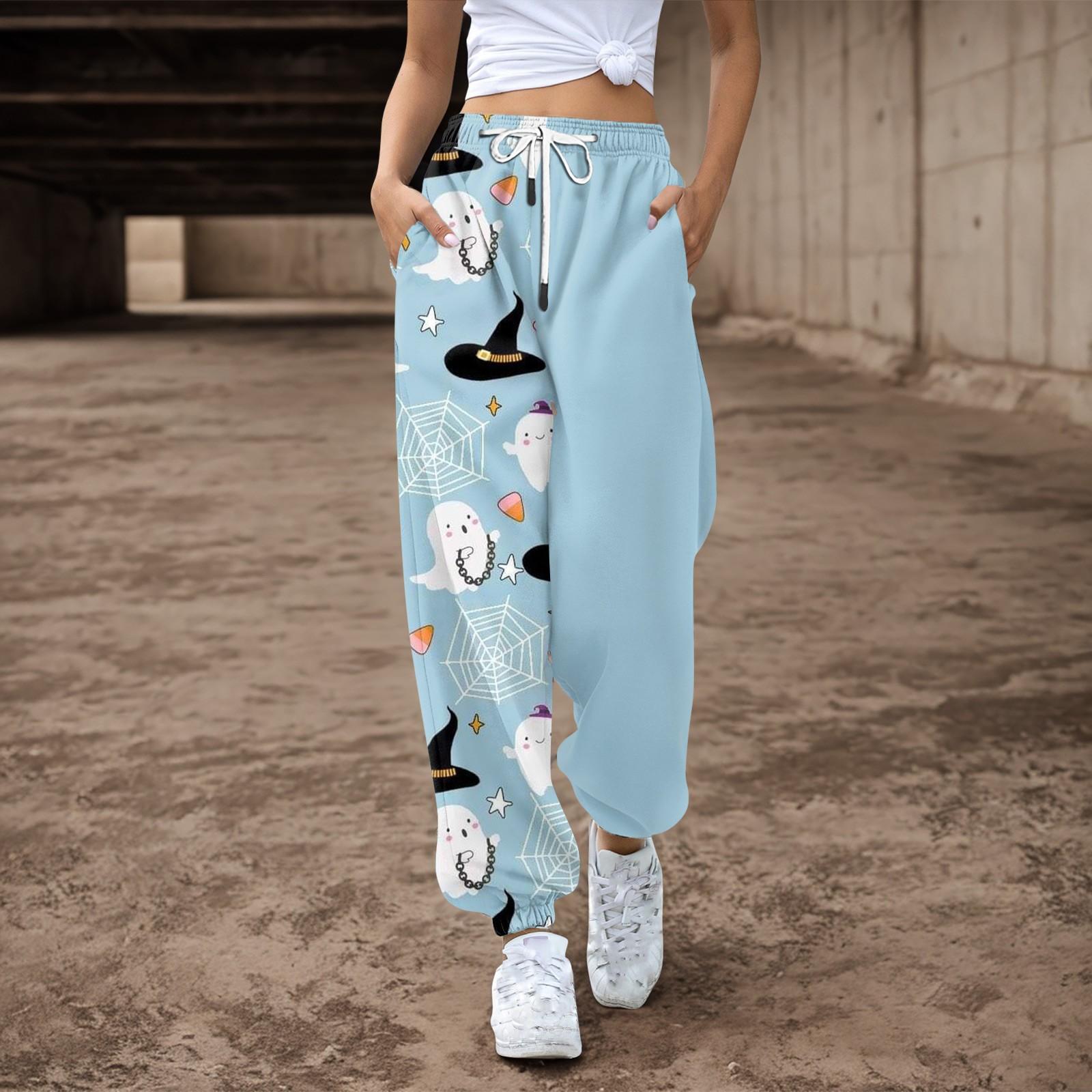 

Женские повседневные брюки с принтом на Хэллоуин, эластичные брюки с завязками на талии XXL