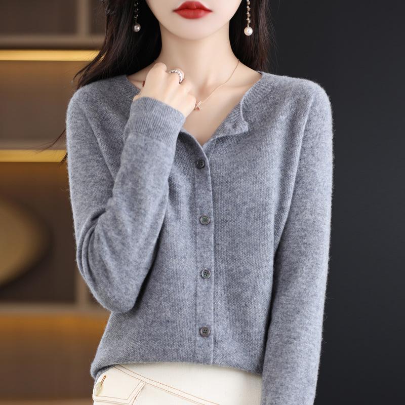 Women's Round Neck Knit Cardigan - Korean Style Loose Sweater, Garter Stitch Outerwear for Spring and Autumn