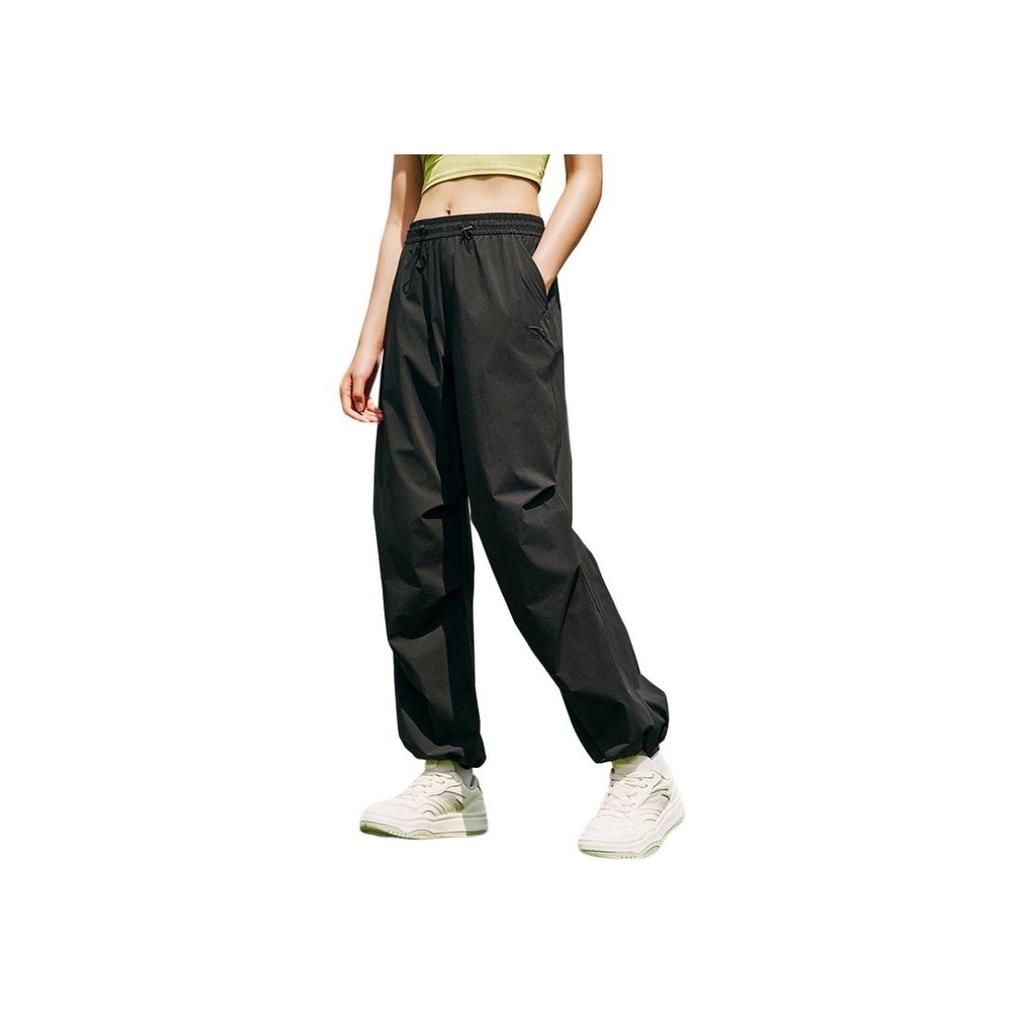 Anta Comfortable Simple Versatile Solid Color Loose High Waist Breathable Sports Long Pants Women bottoms Black 162528515-2