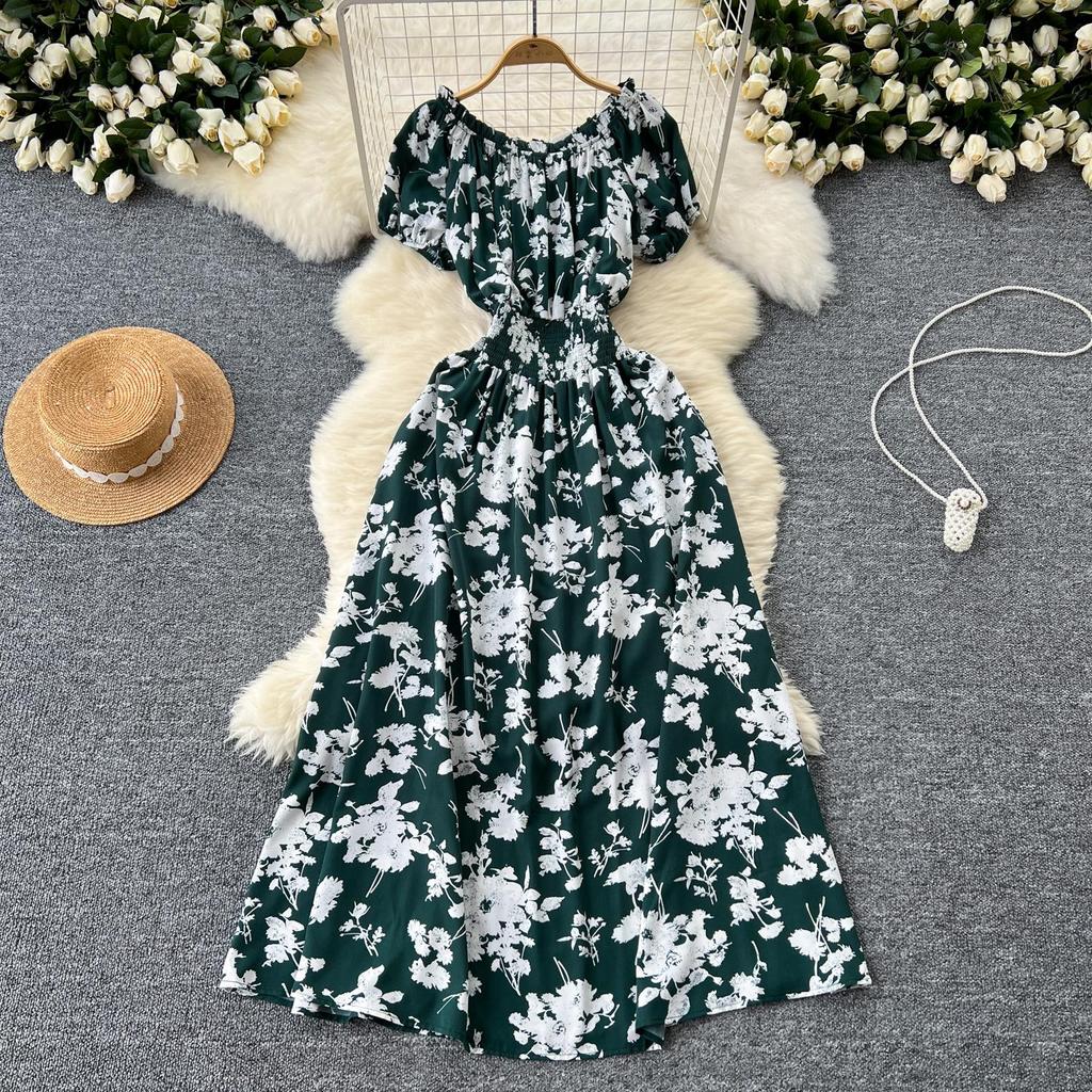 Retro Off Shoulder Dress Puff Sleeve Print Beach Vacation Women Korean Fashion Summer Vestidos Dresses