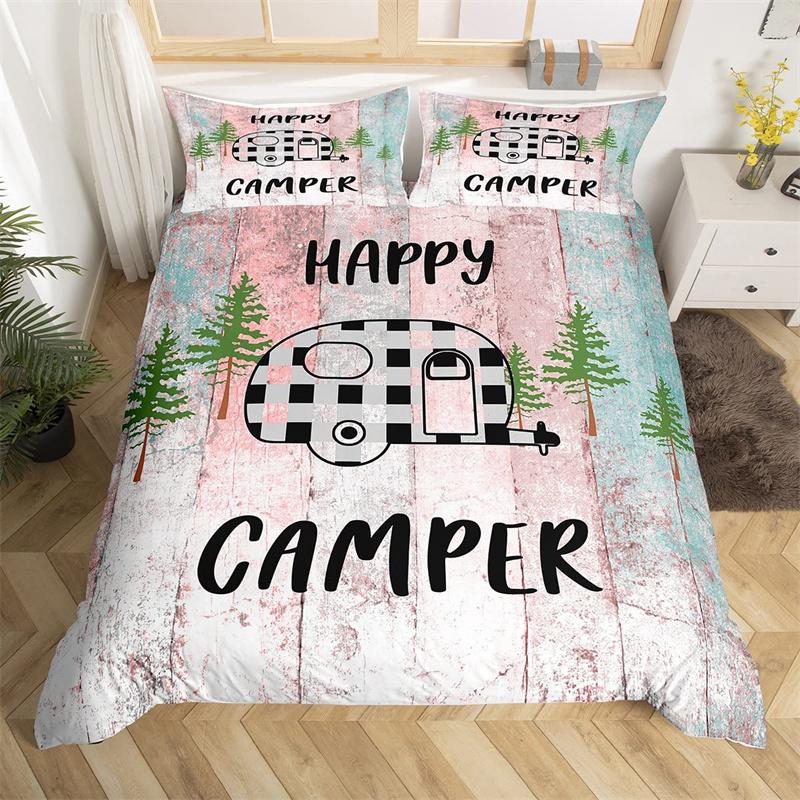 Camping Bettbezug Mikrofaser Galaxie Sterne Mond Happy Camping Bettdeckenbezug Camper Truck Geometrie Berg Bäume Bettwäscheset