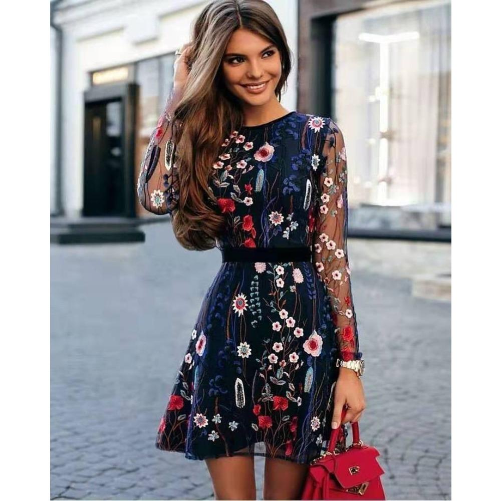 New Lace Sexy Mesh Embroidered Gown Bohemian Women's Floral Dress
