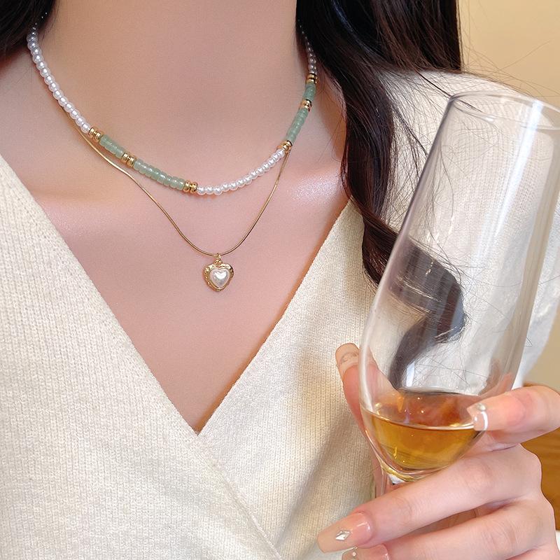 New Chinese double-layer stacked pearl love pendant necklace women s fashion versatile temperament collarbone chain accessories