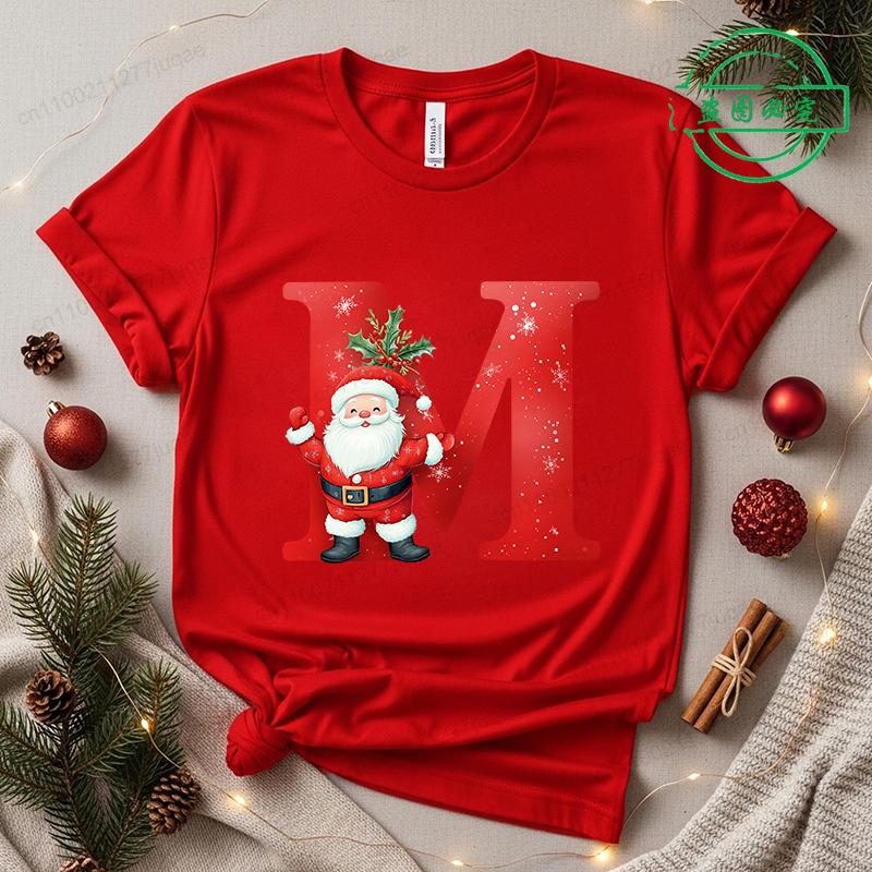 Christmas SantaAlphabet Letter Print T-shirt Short Sleeve Crew Neck Casual Top Kids Festive Holiday Women's Clothing Top
