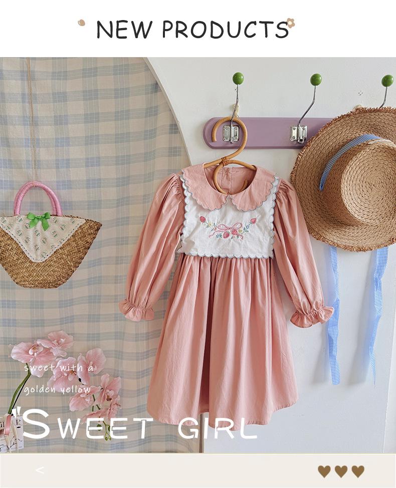 Sweet Strawberry Embroidered Princess Dress: Autumn 2025 Two-Piece Look, Color Block, Long Sleeve Cotton Dress for Girls